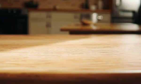 Empty wooden table with blurred kitchen room background