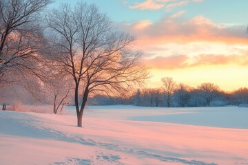 A lone bare tree in a snow-covered field against a pink and orange sunset sky.
