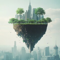 Fototapeta premium A floating island hovering over an urban landscape, symbolizing nature role in city life.