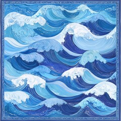 A vibrant depiction of ocean waves in shades of blue and white.