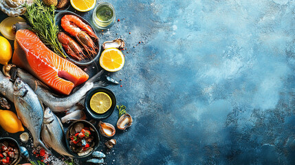 Seafood concept. Fresh sea food background. Fish and seafood products. Raw material fresh fish and seafood. Healthy food. Cooking ingredients. Copy space for text top view. 