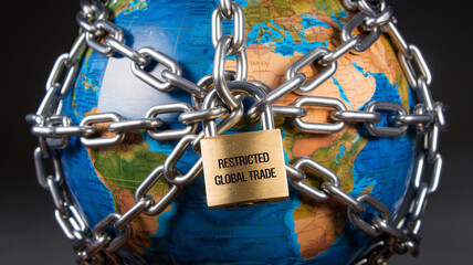 Obraz premium A globe secured with chains and a padlock, symbolizing restricted global trade and international barriers, against a dark background.