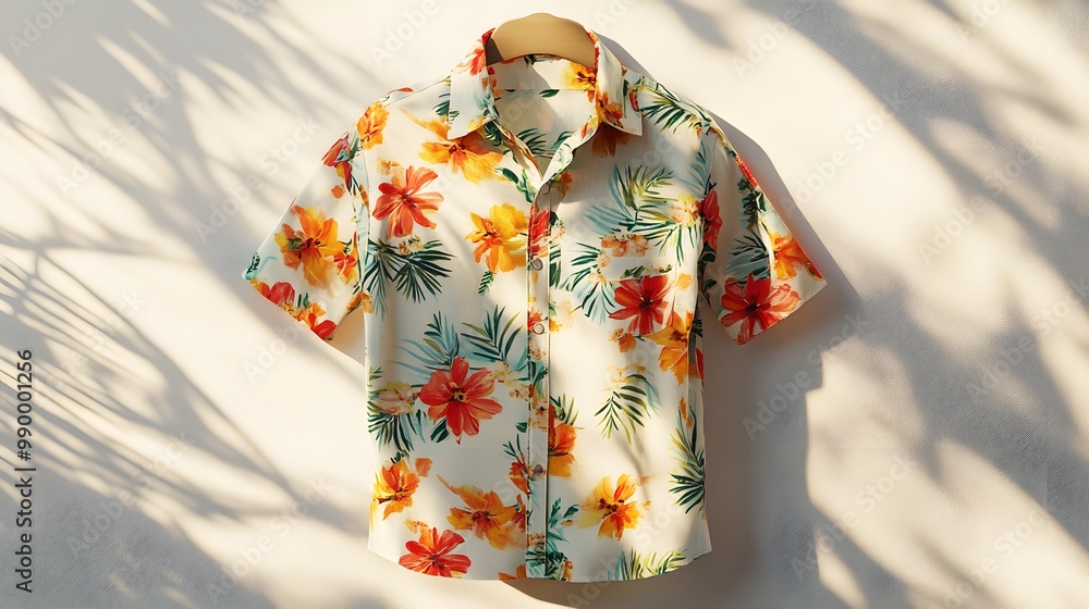 Poster 1. a stylish button-up shirt displayed in a 3d rendering, showcasing a vibrant floral pattern agains