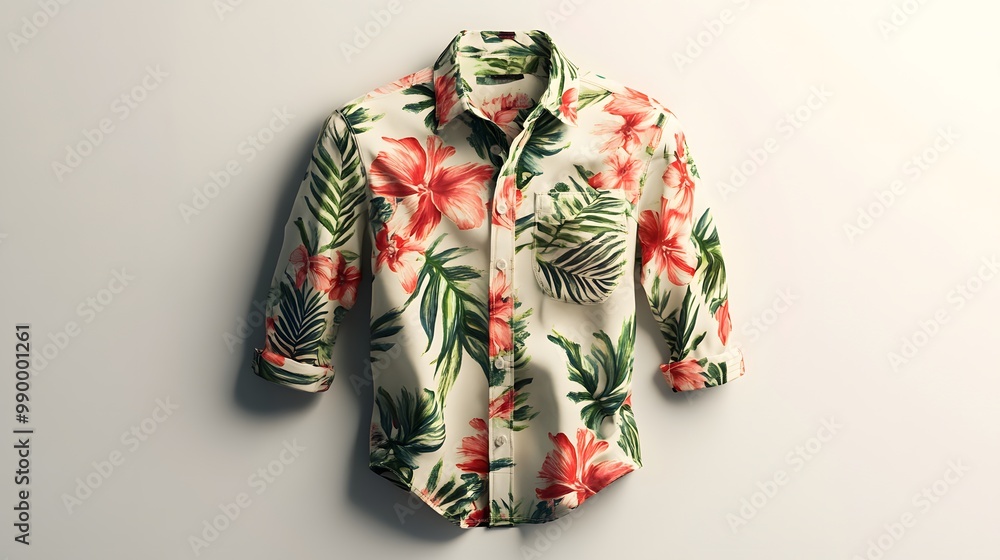 Poster 1. a stylish button-up shirt displayed in a 3d rendering, showcasing a vibrant floral pattern agains