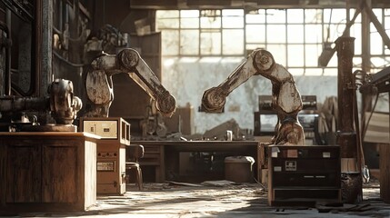 Two Rusty Industrial Robotic Arms in an Abandoned Factory
