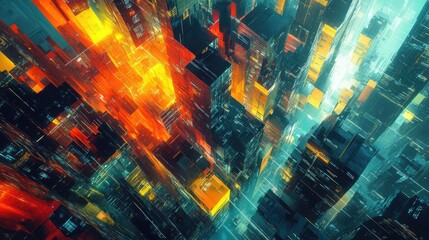 High-angle view of a vibrant cubist cityscape, showcasing futuristic technologies blending with daily life, vivid colors and geometric shapes