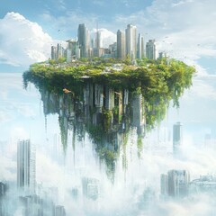 Fototapeta premium A floating island with greenery above a city skyline, symbolizing the coexistence of nature and urbanization.