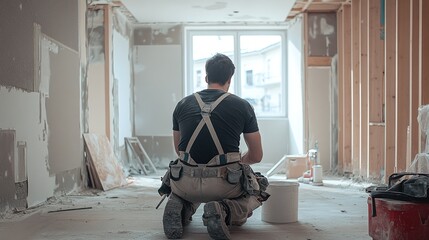 back view of a man contractor engaged in a home renovation and refurbishment project, illustrating the commitment to energy efficiency and sustainable building practices