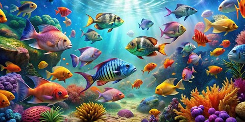 Fototapeta premium Vibrant 3D Wallpaper of Colorful Fish Swimming in a Lush Underwater Environment for Decor
