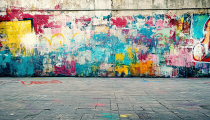 Naklejka premium A graffiti-covered urban wall, showcasing vibrant colors, bold lines, and an edgy, artistic vibe