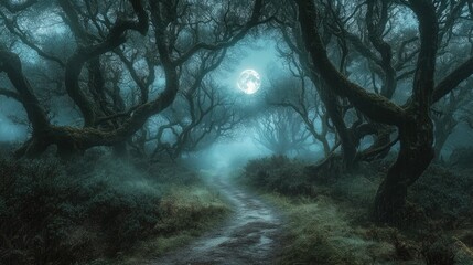 A foggy forest path with eerie shadows and a full moon glowing through the twisted branches of the trees.