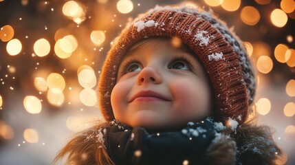 portrait of a child filled with wonder as they witness their first New Year fireworks in a snowy park, eyes sparkling with delight at the beautiful display lighting up the night sky