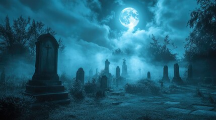 A foggy graveyard with tombstones and a full moon glowing overhead, casting eerie shadows across the scene.