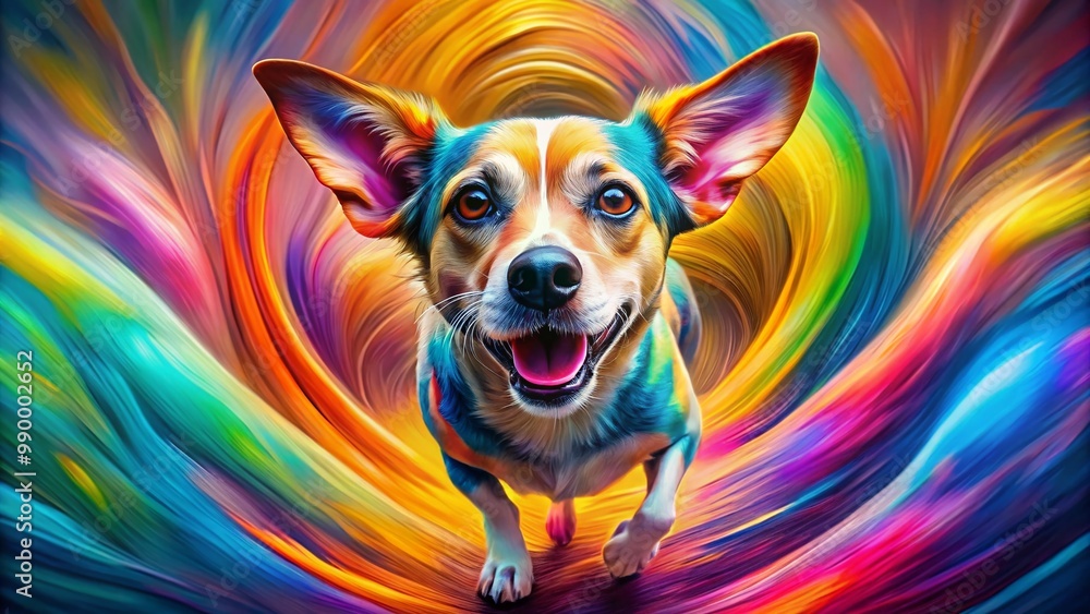 Poster vibrant abstract representation of a playful dog with dynamic colors and shapes in modern art style