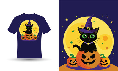 black cat with bright green eyes halloween t shirt design