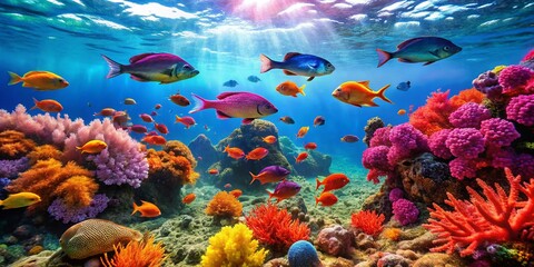 Naklejka premium Vibrant Aegean Sea Fish Swimming Amongst Colorful Coral Reefs in Crystal Clear Turquoise Waters