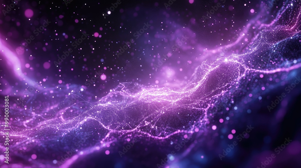 Poster a futuristic purple space with particles forming a dynamic neon background, creating a sci-fi visual