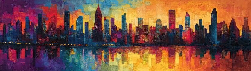 Panoramic view of a vibrant cityscape, infused with pop art elements, exploring social issues through colors and shapes