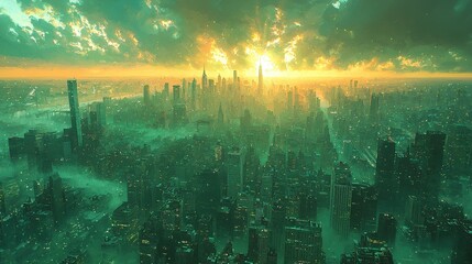 Fototapeta premium Cityscape with Green Mist and Sunset
