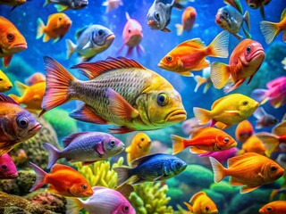 Naklejka premium Vibrant and Colorful Cute Fish Swimming Gracefully in Clear Blue Water of a Tropical Aquarium