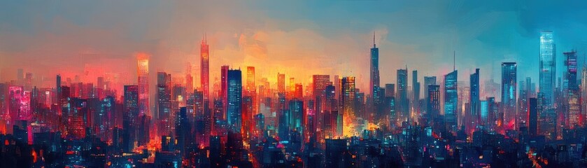 Fototapeta premium Panoramic view of a vibrant cityscape, infused with pop art elements, exploring social issues through colors and shapes