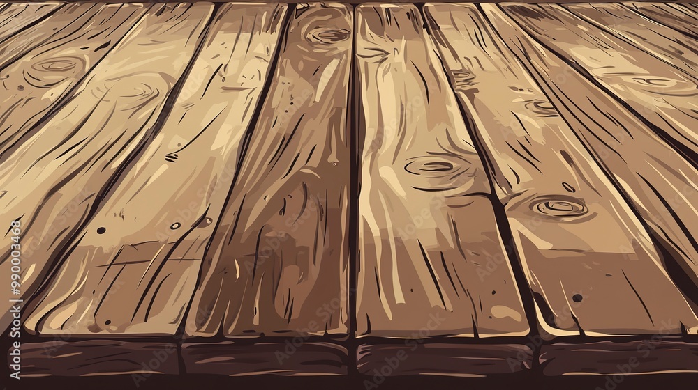 Poster A picnic table, kitchen counter, or floor top. This is a modern cartoon illustration of a dinner tabletop or desk made of boards and timber planks with scratches. 