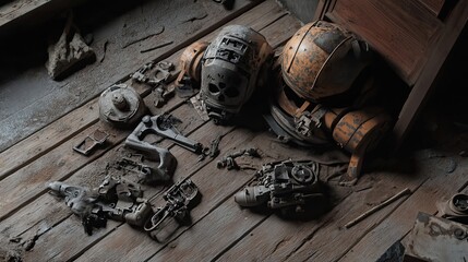 Disassembled robot parts scattered on a wooden floor