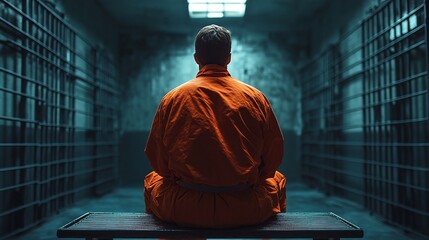 solitary figure of a man in an orange jumpsuit seated on a prison cell bench, back view capturing the essence of confinement, emotional turmoil, and the stark reality of incarceration