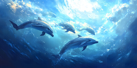 Fototapeta premium Dolphins swimming gracefully in serene ocean