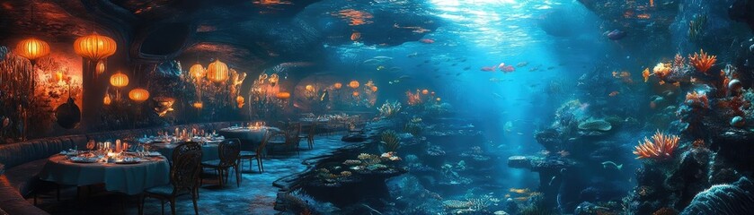Fototapeta premium Side view, a surreal culinary art festival under the sea, vibrant colors and whimsical dishes, marine creatures dining elegantly, magical underwater ambiance