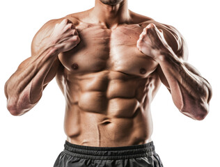 Obraz premium A fit man in shorts and a tank top shows his biceps, isolated on a transparent background, in a detailed photo taken with natural light against a simple studio backdrop.