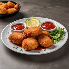 Fototapeta premium Delicious fresh Chicken Nuggets assortment with Tomato Sauce with some salad served, Chicken nuggets with crispy meat snack, Chicken nuggets made at home