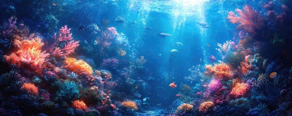 Fototapeta premium Side view of a vibrant fantasy kingdom, deep underwater, shimmering corals and glowing sea creatures, magical ambiance