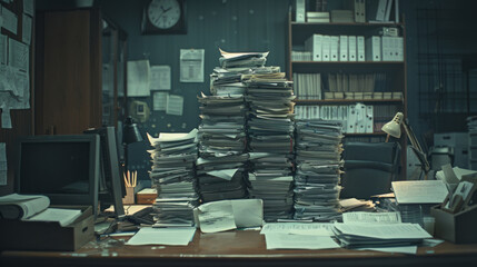 A massive pile of papers on an office desk symbolizes the extreme work environment, emphasizing the endless series of documents needing modernization in line with new technology