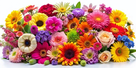 Vibrant Assortment of Colorful Flowers Arranged Flat on a White Background for Floral Designs