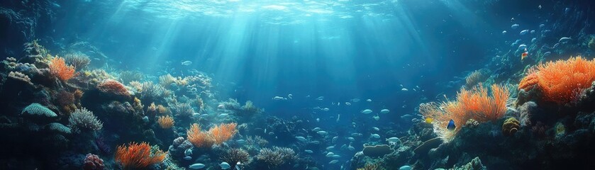 Fototapeta premium Tilted angle perspective, minimalist fashion display surrounded by schools of fish, soft glows from bioluminescent plants, tranquil ocean currents