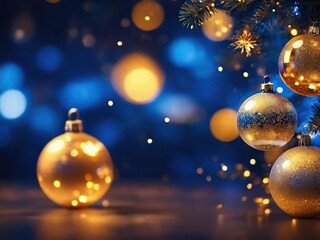 Obraz premium Festive composition with golden Christmas tree balls on the background of blue bokeh, creating the atmosphere of Christmas and the New Year