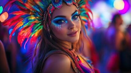 Fototapeta premium Tilted angle view of a dancer in a futuristic costume, vibrant lights reflecting organic designs, at an eco-friendly festival
