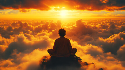 Silhouette of a person meditating above the clouds at sunrise