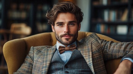 Obraz premium portrait of a young man dressed in a suit and bow tie, seated in an armchair and looking confidently at the camera, capturing his elegance and charming personality