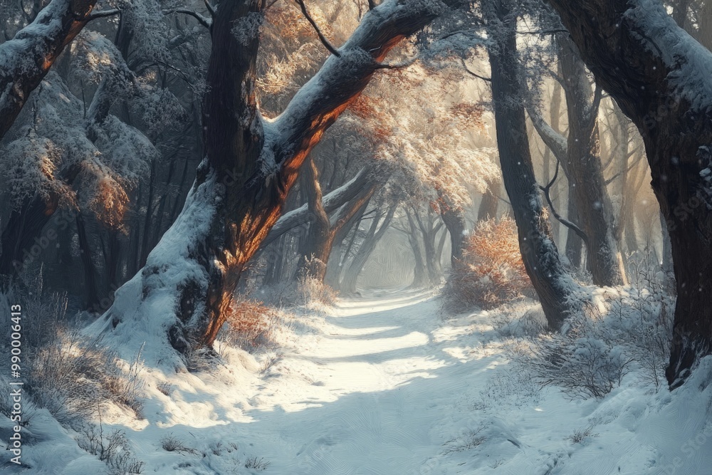 Poster Snowy Path Through a Sunlit Winter Forest