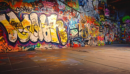 Obraz premium A graffiti-covered urban wall, showcasing vibrant colors, bold lines, and an edgy, artistic vibe