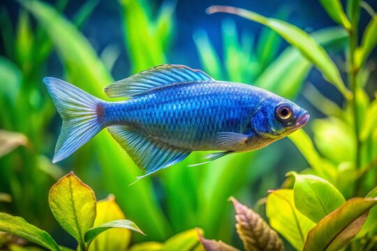 Vibrant Blue Ricefish Swimming Gracefully in Clear Water with Natural Aquatic Plants in Background
