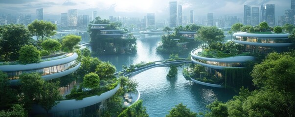 Tilted perspective of utopian city, thriving eco-gardens blend with innovative urban living, a vision for the future