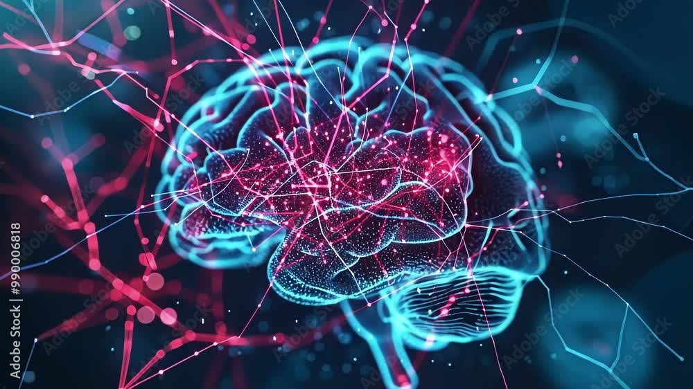 Poster digital brain is receiving neural stimulation, symbolizing the potential of neurotechnology to enhan