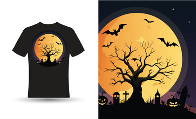 illustration of a Halloween-themed featuring a large full moon with t shirt design.