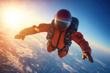 Skydiver soaring through the clouds at sunset