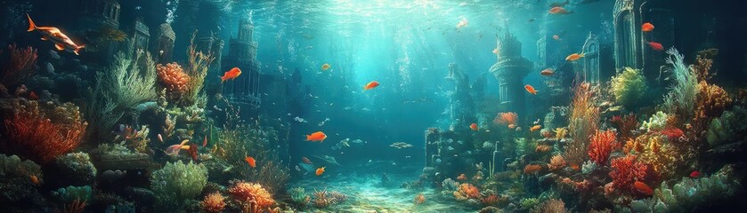 Fototapeta premium Underwater exploration revealing ancient sunken castles, colorful fish dancing among enchanted artifacts, captivating serenity