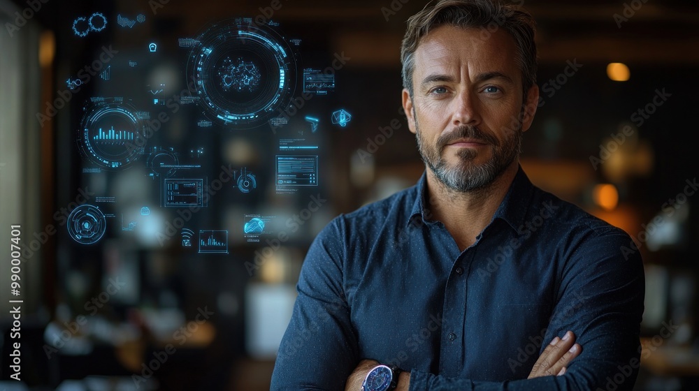 Wall mural man with digital interface on background