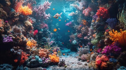 Obraz premium Underwater world blending with a lavish banquet, aerial view captures the beauty of marine life and culinary artistry